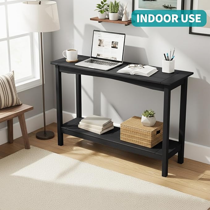 Outdoor Console Table, All-Weather 2-Tier Patio Console Table, Outside Plant Stand Table, Low Maintenance, Never Rot or Fade, HIPS Table for Indoor, Backyard, Garden, Entryway, Black
