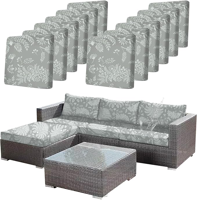 CALBODE Ourdoor Cushion Covers Waterproof Set of 12 Floral Printed Stretch Patio Chair Cushino Covers for Patio Furniture Replacement,Washable Couch Covers for Furniture(Grey)