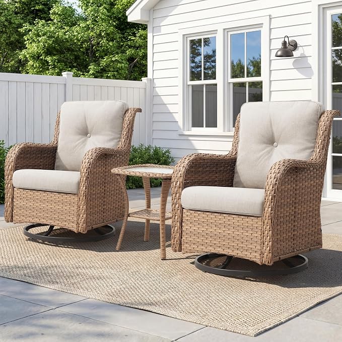 Belord Patio Wicker Chairs Swivel Rocker,Outdoor Patio Furniture Set with Rattan Side Table, All Weather Conversation Set for Porch Poolside Balcony, Yellow Wicker/Beige