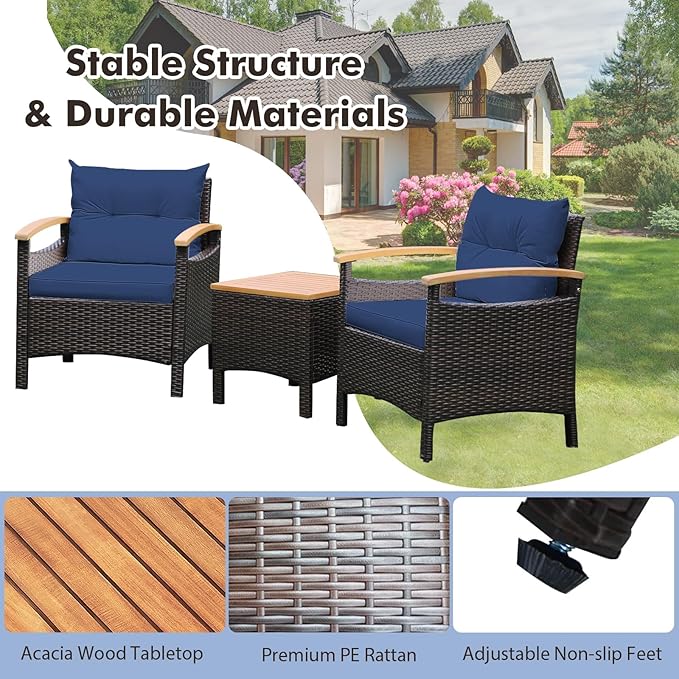 KOTEK 3 Piece Patio Furniture Set, Outdoor Conversation Set with Removable Cushions, Acacia Wood Tabletop and Armrests, PE Rattan Wicker Bistro Set for Porch, Balcony, Backyard (Navy)