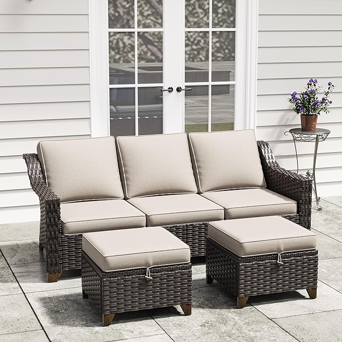 3 Pieces Outdoor Conversation Furniture Set - 77" Patio Sofa, 2 Rattan Wicker Ottomans, Patio Wicker Couch Set with Water-Resistant and Washable Cushions for Sunroom, Deck, Porch (Beige)