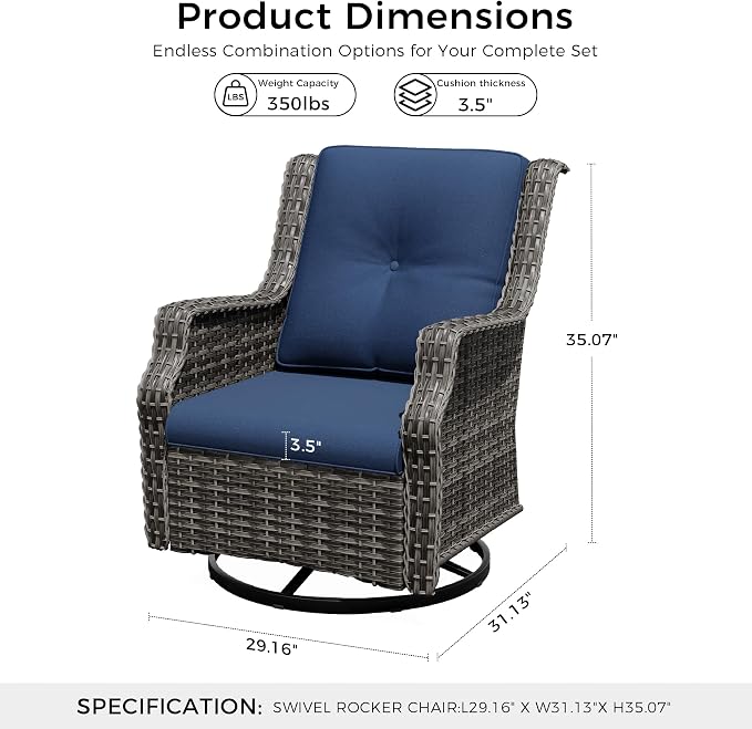 Swivel Patio Chairs Set of 2, Wicker Patio Furniture with Thick Cushions, Curved Armrest, Deep Seating, Rattan Outdoor Chairs for Porch, Deck, Balcony
