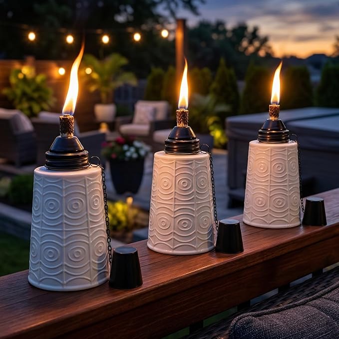 Seraphic Citronella Table Top Torches for Outdoor Patio, 16oz Decorative Glass Torch Citronella Candles for Outside Deck, Garden, Parties, Set of 3, White
