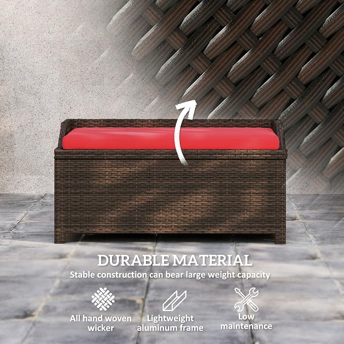 Outsunny 34 Gallon Outdoor Wicker Storage Bench Deck Box, PE Rattan Patio Furniture Pool Storage Bin Container with Interior Waterproof Cloth Bag and Comfortable Cushion, Red