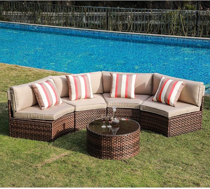 SUNSITT 5-Piece Half Moon Outdoor Sectional Sofa Set with Cover, Patio Brown PE Wicker Furniture with Beige Cushions & Tempered Glass Coffee Table