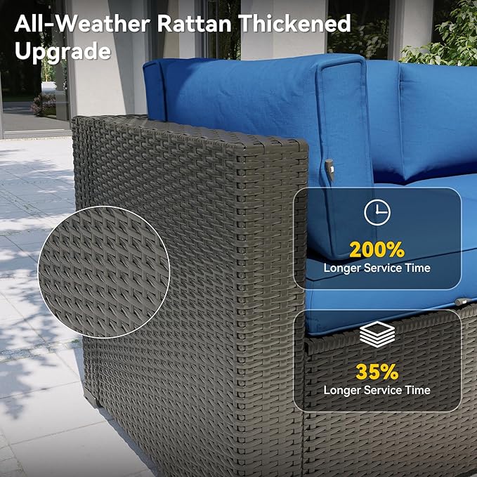 Aoxun Patio Furniture Set, 7 Piece Outdoor Sectional Sofas with Waterproof Cover, Wicker Rattan Outdoor Furniture Patio Conversation Set for Backyard, Garden Navy Blue