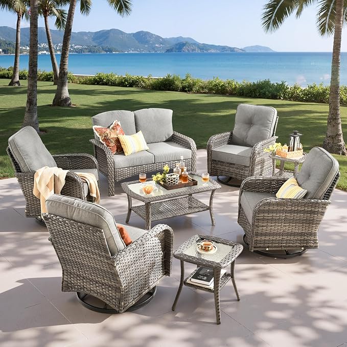 8-Piece Outdoor Patio Furniture Set with Swivel Chairs, Outdoor Conversation Wicker Sofa with Coffee Table, Rattan Couch for Deck Yard Poolside, Dark Grey