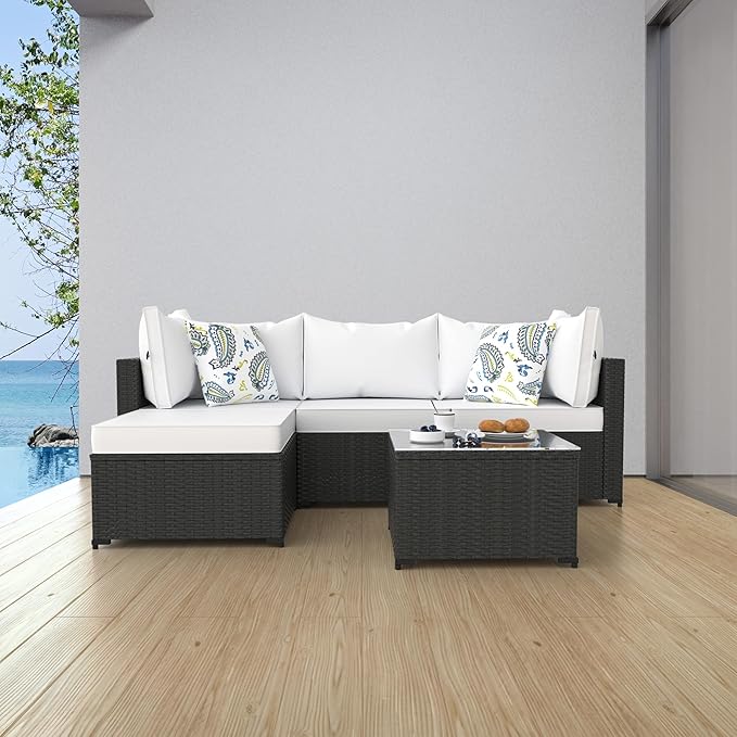 Patio Furniture Set, 5PCS Outdoor Sectional with Ottoman Wicker Rattan Patio Couch with Thickened Cushion Modular Wicker Patio Conversation Set with Glass Top Table for Balcony, Backyard (White)