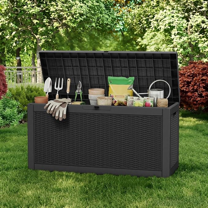 AmaVins Outdoor Storage Box, 60 Gallon Deck Box Indoor and Outdoor Use, Waterproof Resin Storage Bin for Package Delivery, Patio Cushions, Gardening Tools, Lockable, UV Resistant, Black