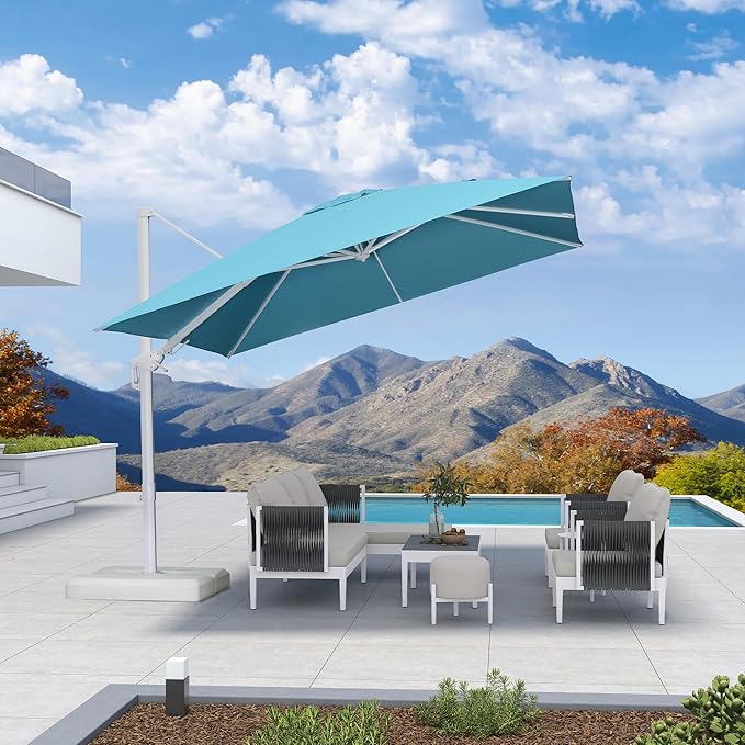 PURPLE LEAF 10 FT Right-left Tilt Patio Umbrella Swivel White Cantilever Umbrella with Tilt Aluminum Outdoor Umbrella with 360° Rotation for Deck Pool Garden, Turquoise