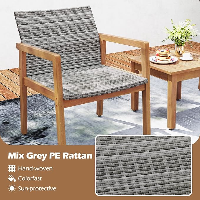 HAPPYGRILL 3 Pieces Patio Furniture Set, PE Rattan Patio Bistro Set with Chairs & Coffee Table, Outdoor Acacia Wood Conversation Set for Garden, Backyard, Poolside & Porch