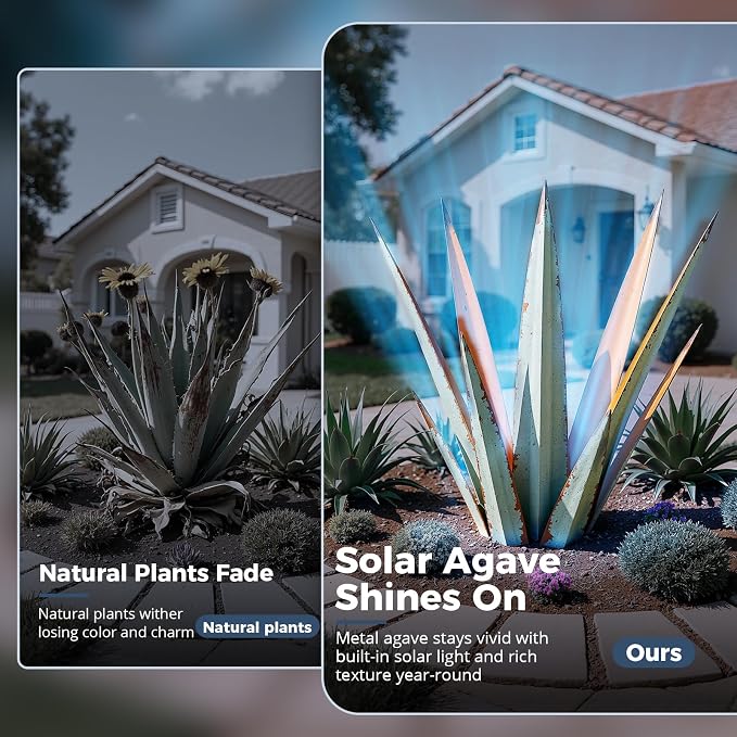 KODIBO 24" Metal Agave Plant Outdoor Decor with Solar Light, Vintage Blue | Solar-Powered Tequila Rustic Sculpture, Waterproof Material, Outdoor Patio Lawn Ornament Yard Stakes, Gift for Garden Lovers