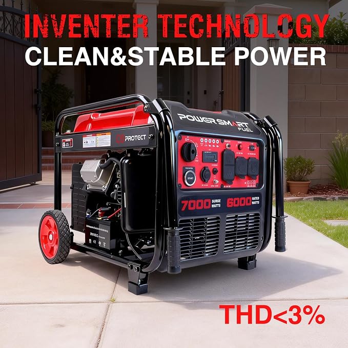 PowerSmart 7000-Watt Open Frame Inverter Generator, 120V/240V Dual Voltage, Clean Power for Sensitive Electronics, Electric Start Portable Generator for Home Backup & RV Camping - Gas Powered