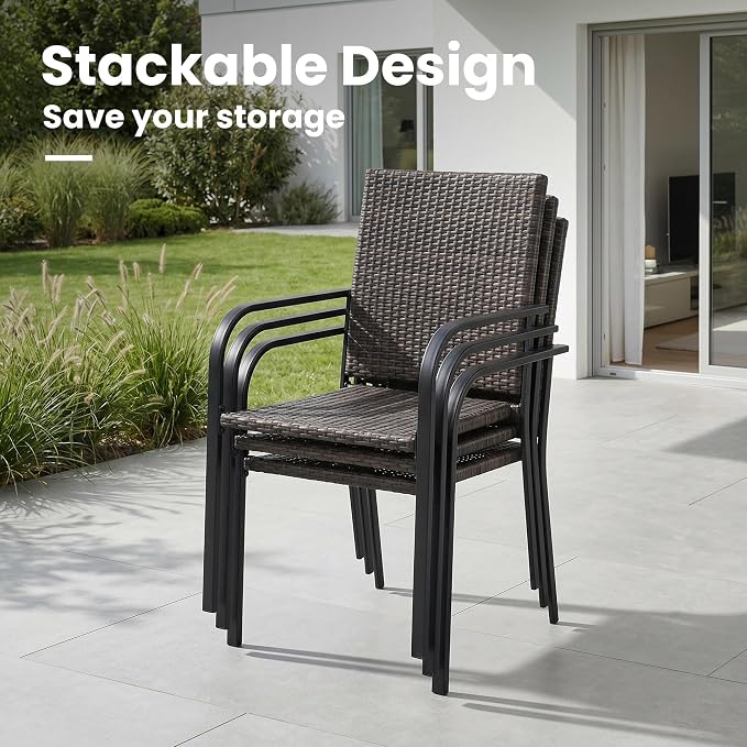 VICLLAX 7 Pieces Outdoor Dining Set, 6 Stakable Wicker Patio Chairs and 47" Patio Round Metal Table with Umbrella Hole for Backyard Lawn Garden, Black Tabletop