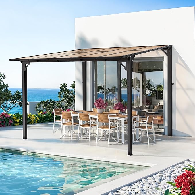 Pamapic 10x10FT Wall Mounted Gazebo, Hardtop Lean to Gazebo with Aluminum Frame & UV Resistant Polycarbonate Roof, Outdoor Patio Awning for Deck, Porch, Lawn & Backyard