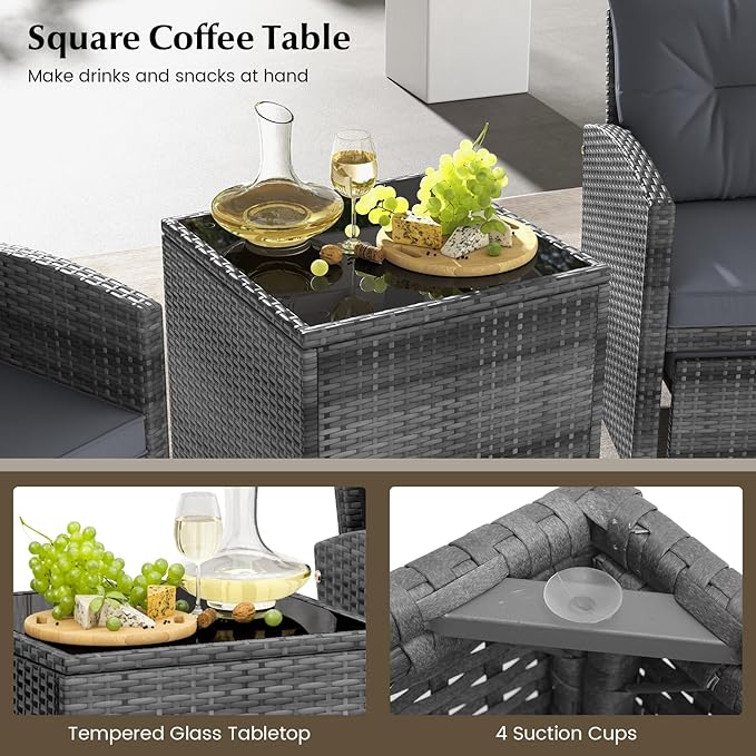HAPPYGRILL 5-Piece Outdoor PE Rattan Conversation Set, Wicker Patio Furniture Set with Cushion, Ottoman & Coffee Table for Backyard Garden Poolside Lawn Deck Porch (Mix Grey & Grey)