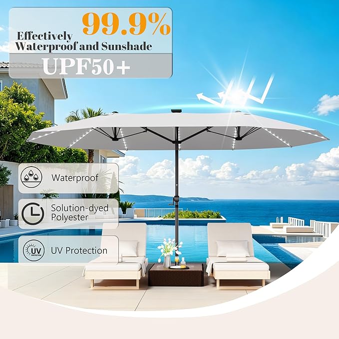 GDPFN 15ft Rectangular Patio Umbrella with Solar LED Lights, Double-Sided Outdoor Market Umbrella Extra Large Shade for Pool, Deck, Backyard, Garden, Light Gray (Base Not Include)