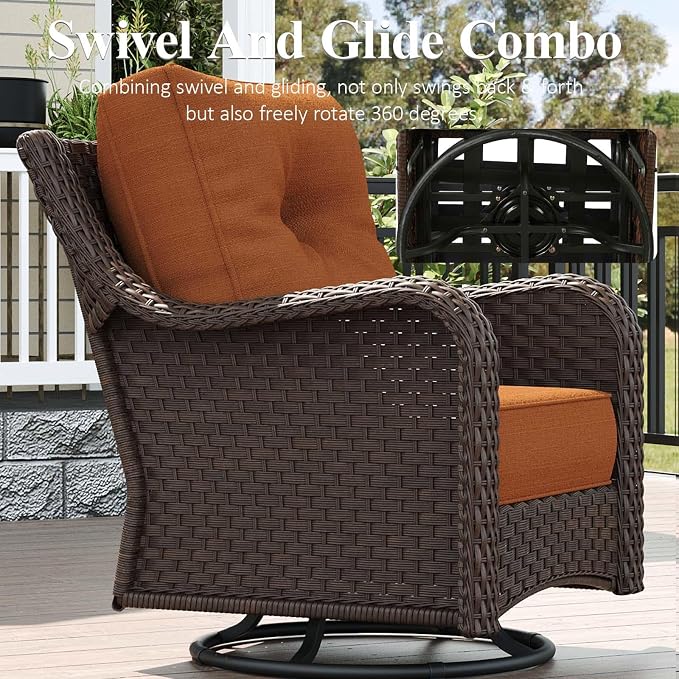 LayinSun 7 Piece Wicker Outdoor Furniture Set with 6-inch Comfy Cushions, High Back Patio Furniture Set with Swivel Rocking Chairs and Fire Pit Table