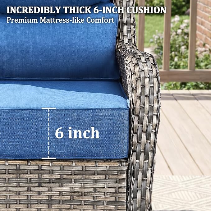 Luxury Swivel Rocker Chairs Set with 6" Thick Cushion 3 piece Wicker Outdoor Swivel Rocker Patio Chair with Side Table High Back Comfortable Outdoor Patio Furniture Set - Gery | Blue