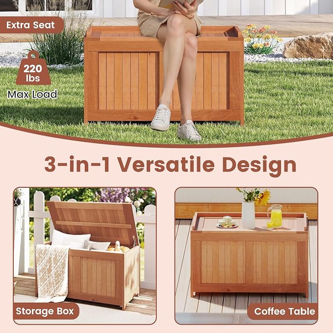 Tangkula 52 Gallon Wood Outdoor Storage Box, 3-in-1 Patio Storage Bench with Flip Top for Cushions, Pool Supplies, Gardening Tools, Outdoor Deck Box for Garden, Backyard, Poolside