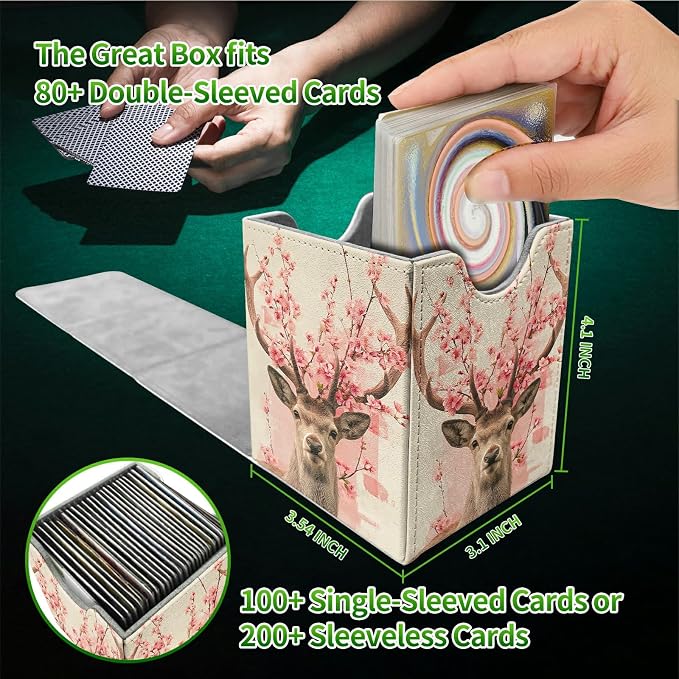 Peach Blossom Deer Card Deck Box for MTG, Personalized Card Storage Case Fits 120+ Sleeved Cards, Premium Leather TCG Box with Strong Magnetic Closure for Magic, CCG, PTCG, Baseball Cards