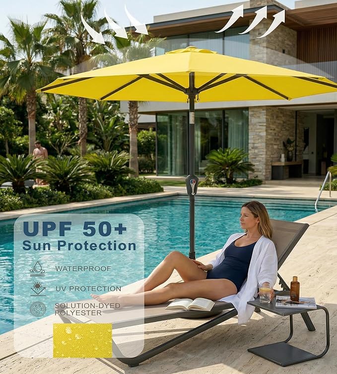 PatioKingdom 10FT Patio Umbrella with Push Button Tilt and Crank, Outdoor Market Umbrella with 8 Fiberglass Ribs, UV Protection Table Umbrella for Pool,Backyard,Garden,Deck