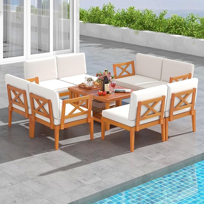 Tangkula 10 Pieces Acacia Wood Patio Furniture Set, Outdoor Sectional Conversation Set with Cushions and 2-Tier Coffee Table, Outdoor Bistro Furniture Set for Garden, Backyard