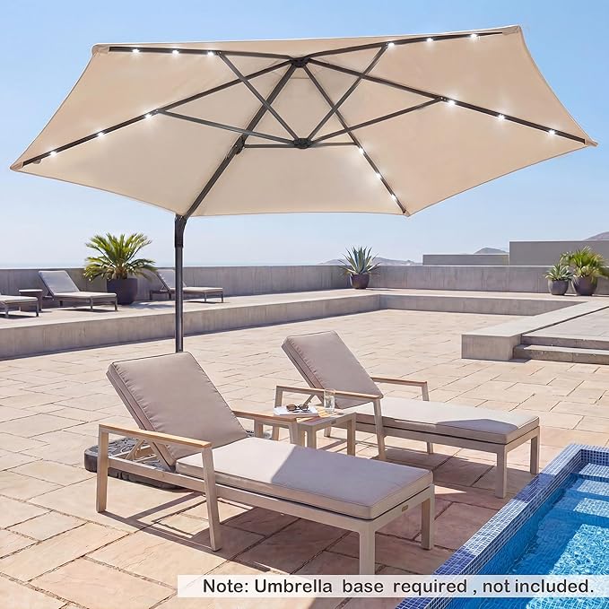HAPPYGRILL 10 FT Patio Umbrella with Solar Lights, Outdoor Offset Cantilever Umbrella with White LED Lights, 360 Degree Rotation, Air Vent for Pool Deck Garden Backyard