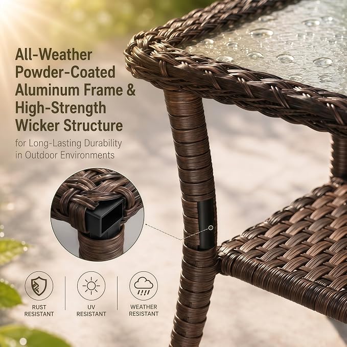 HUMMUH 20x20 Inch Wicker Patio Side Table with Glass Top, Espresso Brown | Powder-coated aluminum frame, PE rattan, lower storage shelf, 66 lb weight capacity, 20x20x22 inch dimensions