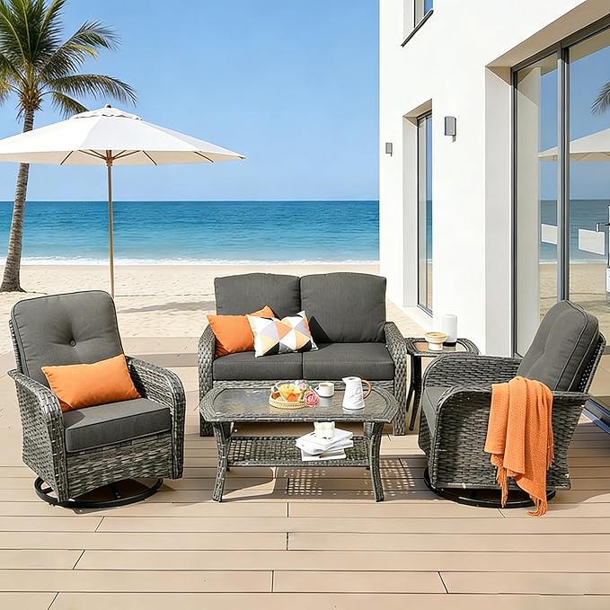 5 Pieces Patio Furniture Set, All Weather Rattan Patio Conversation Sets with Swivel Rocking Chairs, Coffee Table, High Back Outdoor Furniture Loveseat for Porch, Backyard, Black