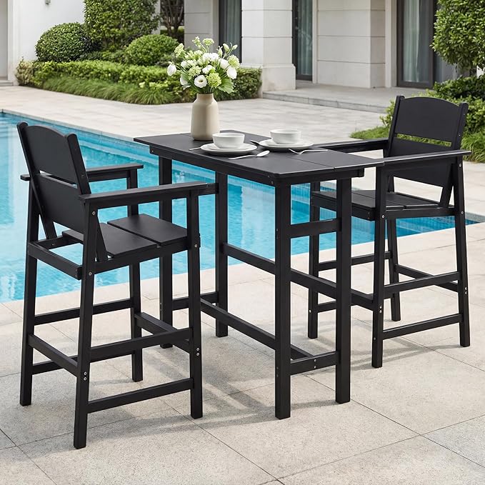 Outdoor Bar Height Table and Chairs Set, 3 Piece HDPE Outdoor High Top Table and Chairs, Reinforced Patio Pub Table with 2 Bar Stools, All Weather Bar Height Patio Set for Deck/Balcony, Black