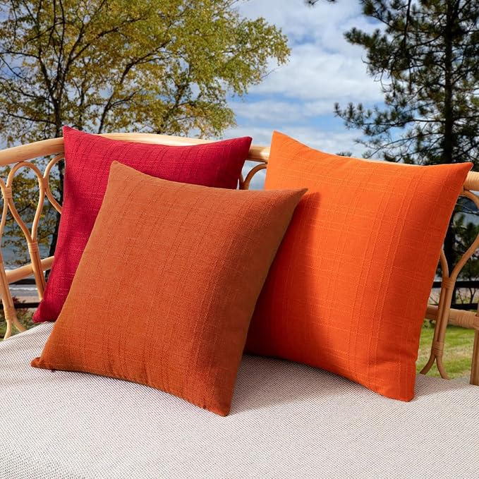 Kevin Textile Outdoor Waterproof 22”x22” Pillow Covers 2 Pack, Dark Orange | Water Resistant, Soft Faux Linen-cotton Yarn-dyed Woven Texture Throw Pillow Covers for Tent Patio Garden Couch Sofa