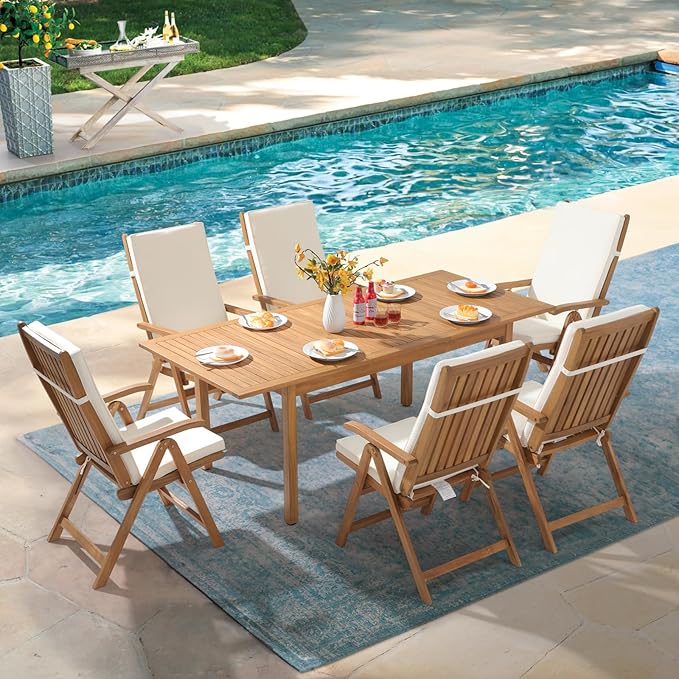 OC Orange-Casual 7 Piece Patio Dining Set, Outdoor Acacia Wood Furniture Set w/Extendable Rectangular Table and 6 Foldable Reclining Chair, Solid Wood, for Deck Garden Backyard, Beige