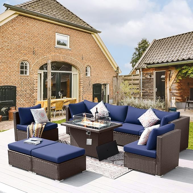 BULEXYARD 9 Piece Highback Patio Furniture Set with Fire Pit Table, Modern Modular Outdoor Sectional Couch Sofa with Ottoman, XL 8-Person Backyard Seating for Outside, Brown Wicker & Navy Blue Cushion