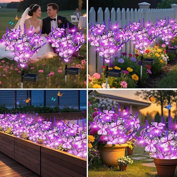 NBQQ Solar Garden Lights Outdoor 6 Pack Lavender Butterfly Lights, Solar Artificial Flower Outdoor Waterproof Decoration Gardening Gifts for Women, Yard Patio Pathway Lawn Courtyard Decoration