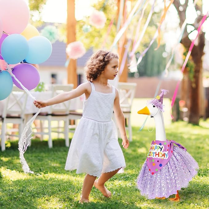 3 Pcs Porch Goose Birthday Outfit Girl Cement Goose Clothes,Purple | 23 Inch Porch Goose Outfits Happy Birthday, Porch Goose Outfits Princess, Happy Birthday Hat and Tutu Skirt Bandana