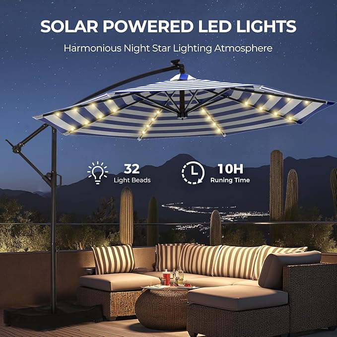 HOMSHADE 10ft Solar Lights Offset Cantilever Patio Umbrella - with Light and Base, LED Offset Patio Outdoor Umbrella UPF50+ UV Protection with Easy Tilt and Crank (Navy&White Stripes)