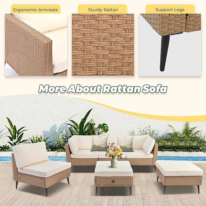 LVUYOYO 6 Pieces Outdoor Patio Furniture Set, Wicker Sectional Sofa Set for All-Weather, Rattan Conversation Sets with Cushions and Storage for Deck, Backyard, Porch (Khaki)