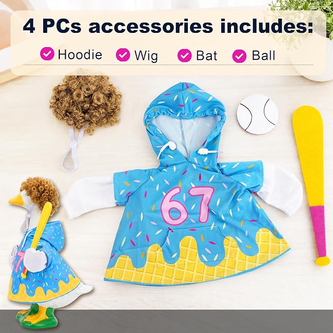 Summer 67 Baseball Porch Goose Outfits, Ice Cream Hoodie Wigs for 23 inch Goose, Geese Statue Clothes Costume 4 Pcs Accessories, Birthday Party Garden Outdoor Yard Lawn Patio Decor