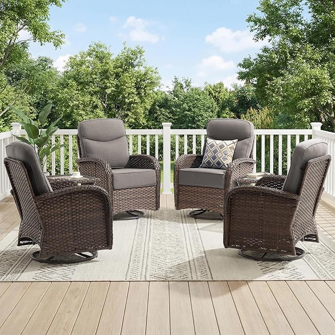 Outdoor Swivel Rocking Chair Patio Set (6PCS), High-Back - Thick Cushion Swivel Rocking Chair Patio Set, All-Weather Wicker Patio Furniture Set, Suitable for Balcony Patios, Brown/Gery