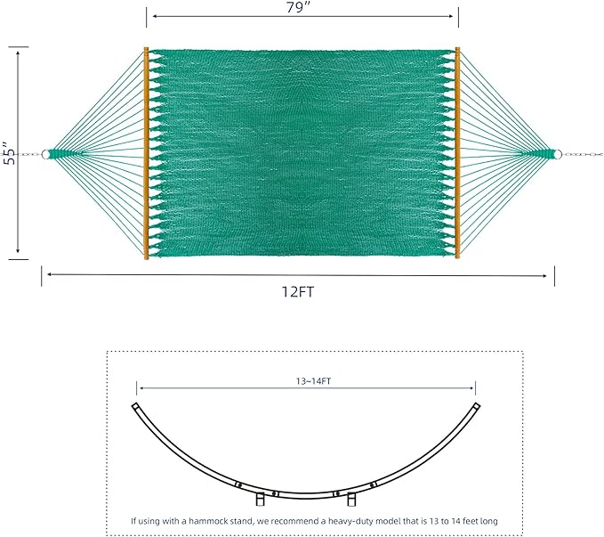 Classic Caribbean Hammock - Hand Woven with Wooden Spreader Bars, Sunlit Green Rope Net, 79 Inch Wide x 12 Ft Long, Double Person, Outdoor Garden Patio Backyard, Tropical Relaxation