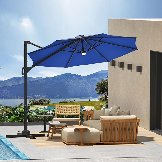 10ft Offset Cantilever Outdoor Umbrella – 360° Rotation, Windproof & Sun Blocking Shade, Rust-Resistant Aluminum Frame with Cross Base, Ideal for Garden, Deck, Pool and Backyard