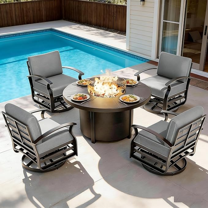 Gotland 5 Piece Patio Set, Aluminum Outdoor Swivel Chairs Set with 48’’ Round Fire Pit 5.1’’ High-Resilience Seat Cushions 29.5" Deep Seating, Metal Patio Furniture Set Patio Conversation Sets, Grey