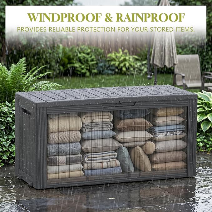 Waterproof Outdoor Storage Box Outside Deck Box Lockable Resin Bench UV Resistant Furniture Cushion Pool Tool Float Bin Patio Garden Porch (Black, 85 Gallon)