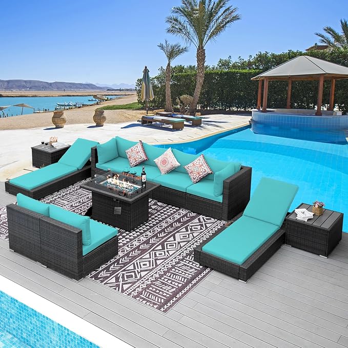 NICESOUL 11 Piece Outdoor Patio Furniture Set with Fire Pit Natural Gas/Propane, 29.3'' High Back Comfy Wicker Seactional w/Chaise Lounge, Large Deep Seat Backyard Seating, Turquoise & Grey
