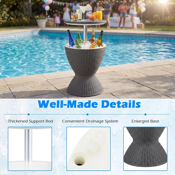 COSTWAY Outdoor Cool Bar Table, 8 Gallon Beer and Wine Cooler, Height Adjustable Rattan Style Cocktail Patio Bar Tables, 3-in-1 Ice Cooler with Drainage Plug for Deck, Pool, Party, Beach (Gray)