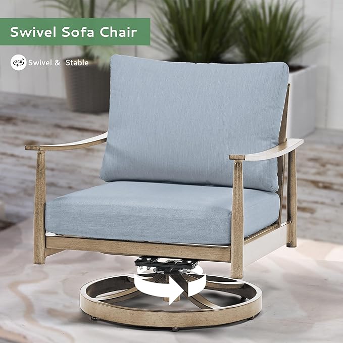 6 Pieces Aluminum Outdoor Patio Furniture Sets with Coffee Table, Cushioned Loveseat and Swivel Chairs with Ottoman, All Weather Conversation Set for Yard Proch Deck, Blue & Brown