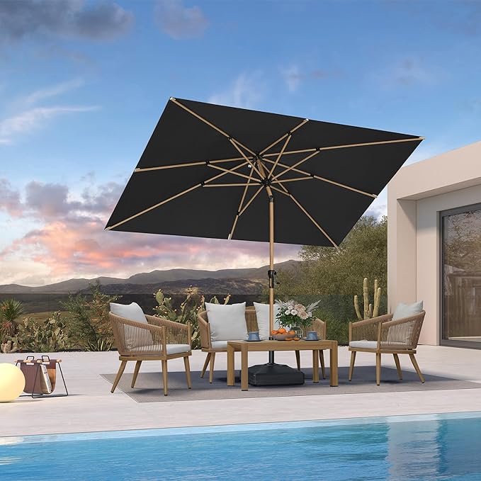 PURPLE LEAF 6.5' x 10' Market Umbrella Patio Umbrella Rectangular Outdoor Table Umbrella Aluminum with Push Button Tilt & 8 Sturdy Ribs and Crank for Pool Backyard Beach, Black
