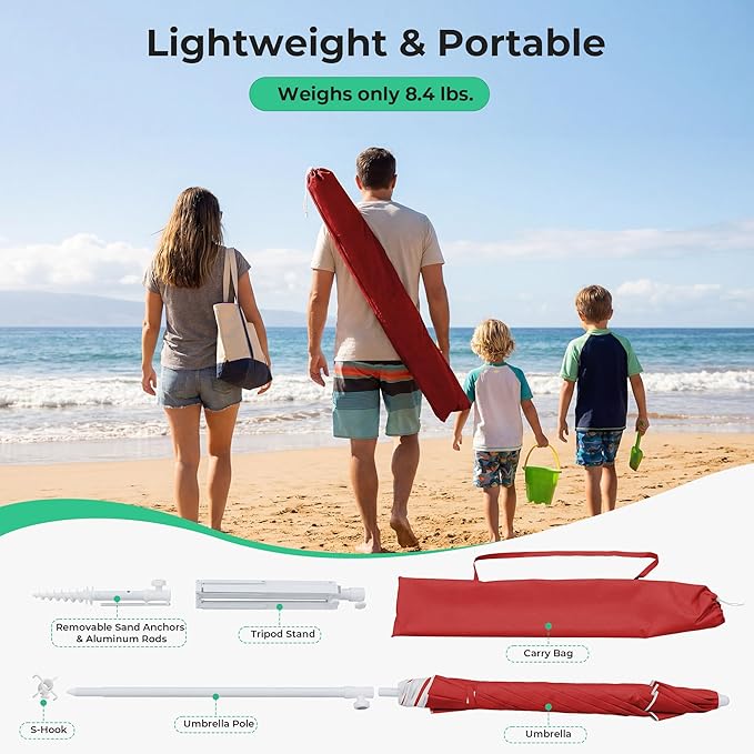 JEAREY 6.5ft Sun Shade Umbrellas, Portable Umbrella with Stand, Lightweight Sun Protection Free Standing Sport Umbrella for Outdoor Sports, Camping, Fishing, Patio, Beach, Red