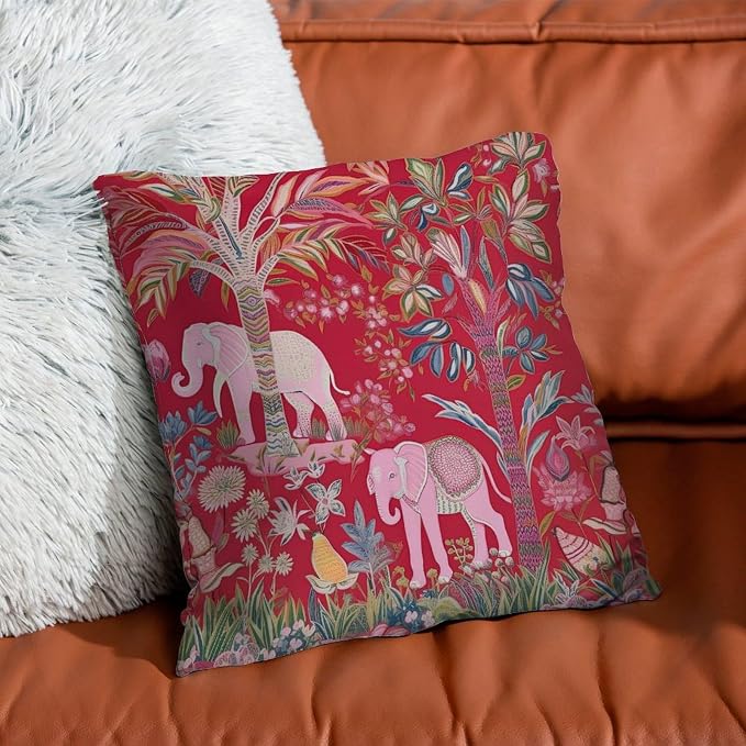 Animal Pink Chinoiserie Pillow Cover Thailand Elephant Jungle Throw Pillow Cover Classic Throw Pillow Covers Farmhouse Decorative for Patio Garden Couch Deck Chair 26x26 in